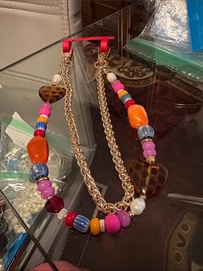 Colorful Beaded Phone Chain with Gold-Tone Chain and Heart Accent